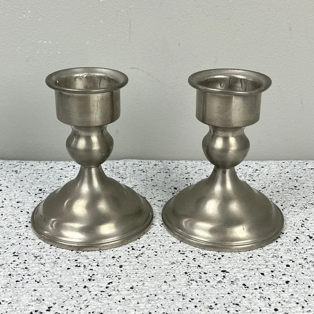 Vintage HANLE Pewter Candlesticks Pair ATC Distinctive American MCM Holders